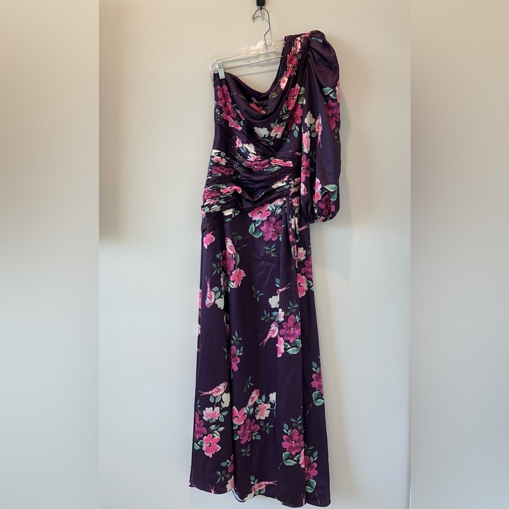 Mac Duggal Ieena Purple One Shoulder Long Sleeve Floral Pink Wedding Guest Dress - Picture 2 of 16